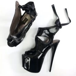 Open Back Lace Black Gloss Ankle Heels -Tajna Shoes tajna club extreme high heel shoes 66