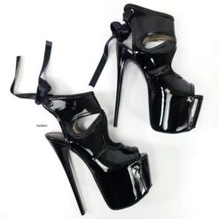 Open Back Lace Black Gloss Ankle Heels -Tajna Shoes tajna club extreme high heel shoes 67
