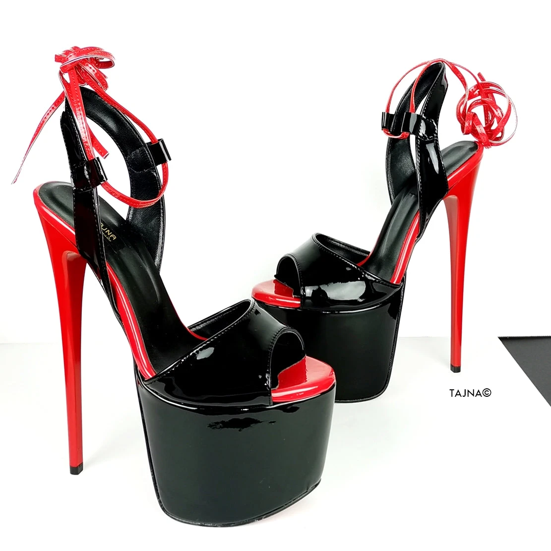 Black Red Gloss Lace Up High Heel Sandals 2 Black Red Gloss Lace Up High Heel Sandals - Image 2
