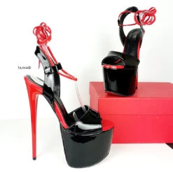 Black Red Gloss Lace Up High Heel Sandals 8 Black Red Gloss Lace Up High Heel Sandals -Tajna Shoes tajna club extreme high heel stiletto shoes 8