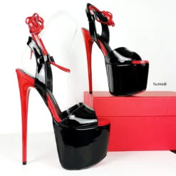 Black Red Gloss Lace Up High Heel Sandals 9 Black Red Gloss Lace Up High Heel Sandals -Tajna Shoes tajna club extreme high heel stiletto shoes 9