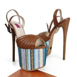 Tobacco Brown Blue Ethnic Detail High Heel Sandals -Tajna Shoes tajna club high heel platform sandals tobacco brown 10