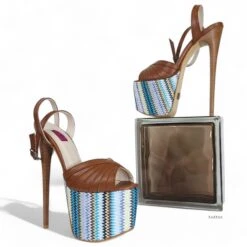 Tobacco Brown Blue Ethnic Detail High Heel Sandals -Tajna Shoes tajna club high heel platform sandals tobacco brown 11