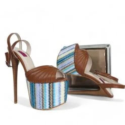 Tobacco Brown Blue Ethnic Detail High Heel Sandals -Tajna Shoes tajna club high heel platform sandals tobacco brown 16