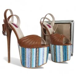 Tobacco Brown Blue Ethnic Detail High Heel Sandals -Tajna Shoes tajna club high heel platform sandals tobacco brown 3