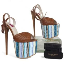 Tobacco Brown Blue Ethnic Detail High Heel Sandals -Tajna Shoes tajna club high heel platform sandals tobacco brown 4