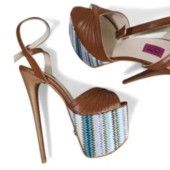 Tobacco Brown Blue Ethnic Detail High Heel Sandals -Tajna Shoes tajna club high heel platform sandals tobacco brown 8