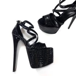Black Shiny Croco Print High Heel Sandals -Tajna Shoes tajna club high heel platform shoes handmade to order bespoke fetish heels 25