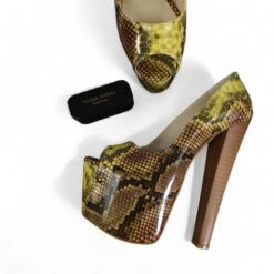 Vegan Mustard Snake Print High Heel Pumps Peep Toe -Tajna Shoes tajna club high heel platform shoes peep toe snake print extreme dress heels 13