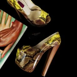 Vegan Mustard Snake Print High Heel Pumps Peep Toe -Tajna Shoes tajna club high heel platform shoes peep toe snake print extreme dress heels 17