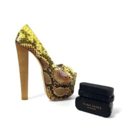 Vegan Mustard Snake Print High Heel Pumps Peep Toe -Tajna Shoes tajna club high heel platform shoes peep toe snake print extreme dress heels 20
