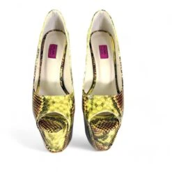 Vegan Mustard Snake Print High Heel Pumps Peep Toe -Tajna Shoes tajna club high heel platform shoes peep toe snake print extreme dress heels 4
