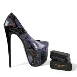 Vegan Dark Purple Gray Snake Print Pencil Heel Pumps -Tajna Shoes tajna club high heel platform shoes pumps sandals 1