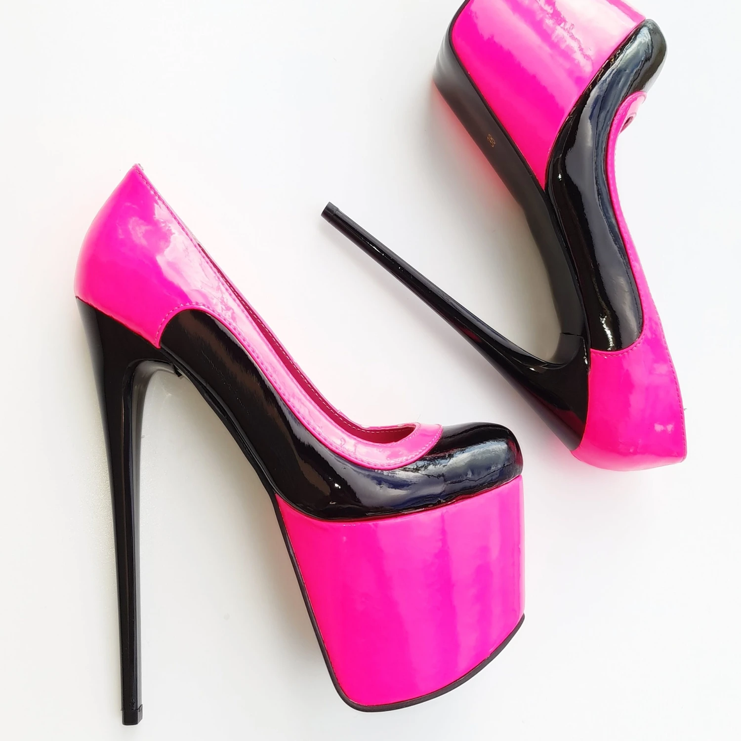 Double Neon Pink Black Gloss High Heel Pumps 2 Double Neon Pink Black Gloss High Heel Pumps - Image 2