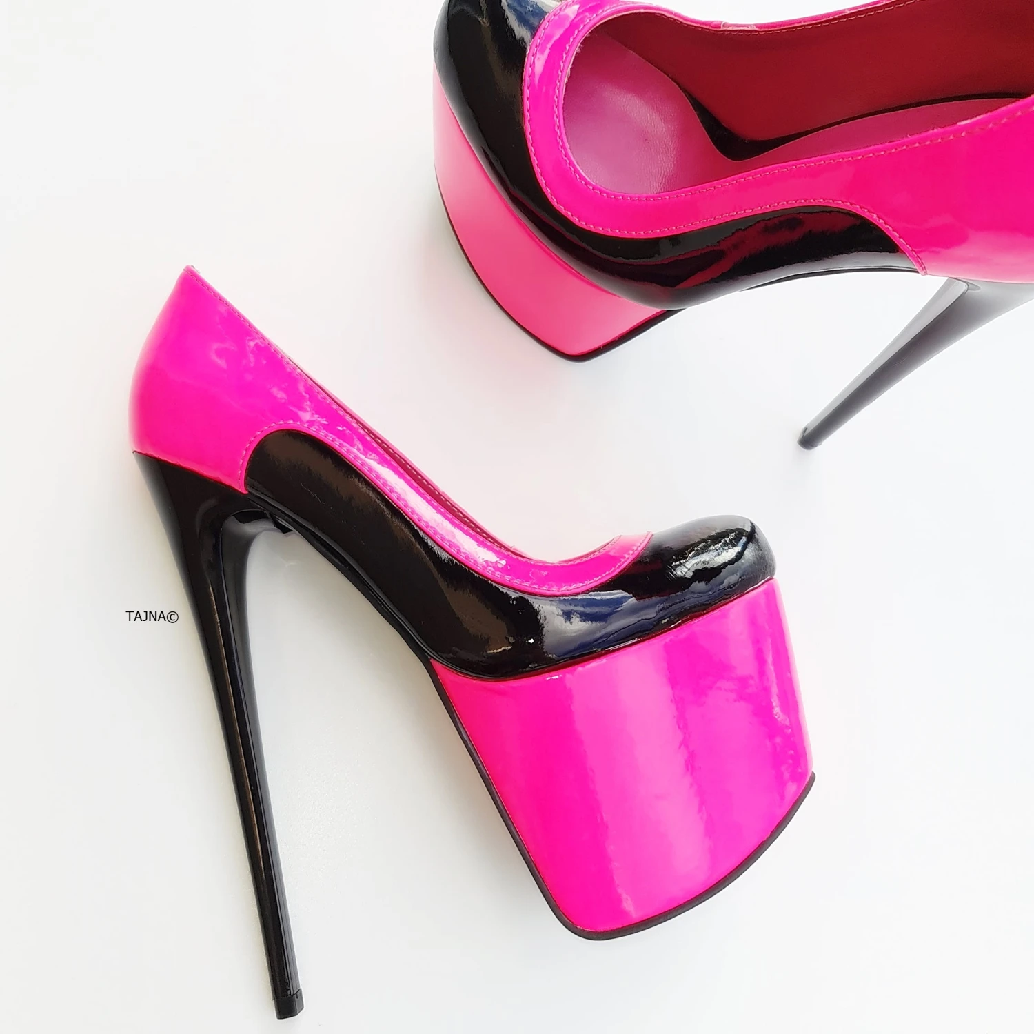 Double Neon Pink Black Gloss High Heel Pumps 4 Double Neon Pink Black Gloss High Heel Pumps - Image 4