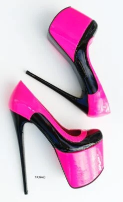 Double Neon Pink Black Gloss High Heel Pumps 10 Double Neon Pink Black Gloss High Heel Pumps -Tajna Shoes tajna club platform high heel shoes handmade to order 377