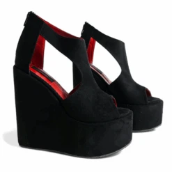 Black Suede Open Side Platform Wedge Shoes