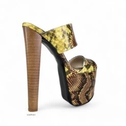 Double Strap Snake Print Platform Chunky Heel Mules -Tajna Shoes tajna club shoes double strap snake print high heel slide mules yellow 11