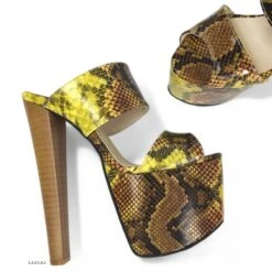 Double Strap Snake Print Platform Chunky Heel Mules -Tajna Shoes tajna club shoes double strap snake print high heel slide mules yellow 5