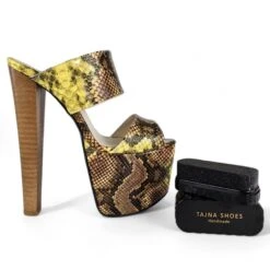 Double Strap Snake Print Platform Chunky Heel Mules -Tajna Shoes tajna club shoes double strap snake print high heel slide mules yellow 9