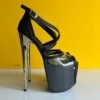 Transparent And Black Matte Ankle Strap Metallic Heels