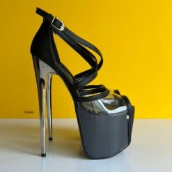 Transparent And Black Matte Ankle Strap Metallic Heels