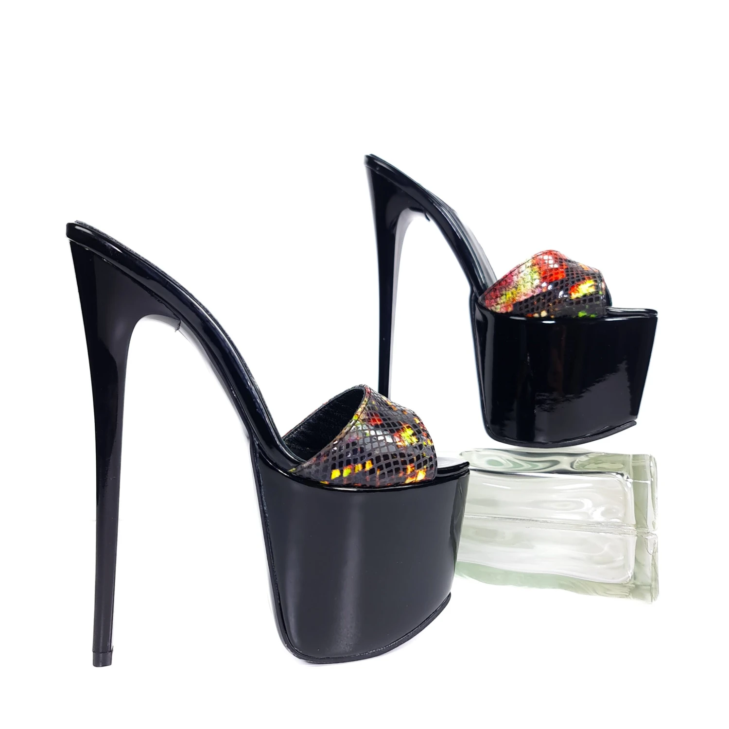 Fire Black Gloss Exotic Print Leather High Heel Mules 2 Fire Black Gloss Exotic Print Leather High Heel Mules - Image 2