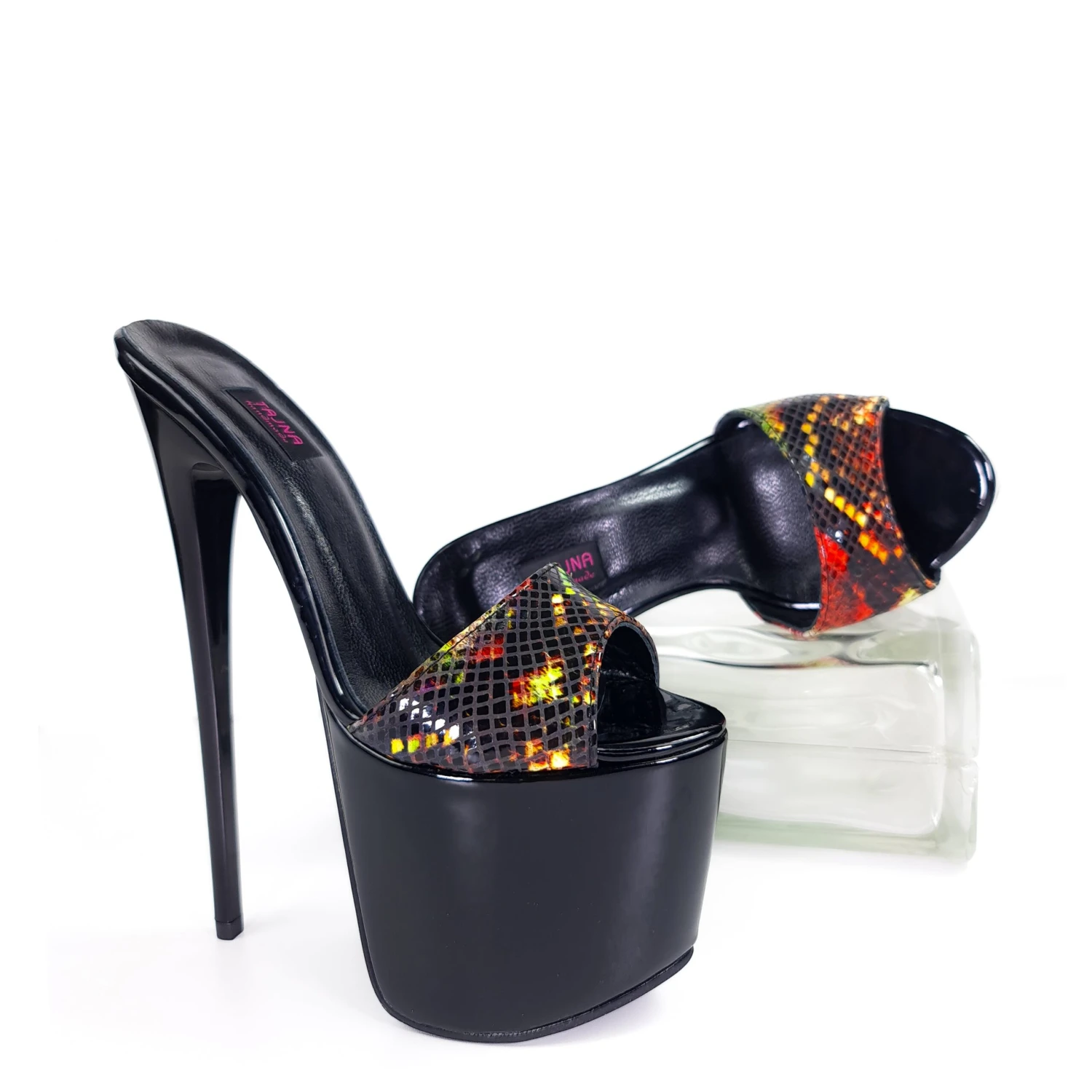 Fire Black Gloss Exotic Print Leather High Heel Mules 1 Fire Black Gloss Exotic Print Leather High Heel Mules