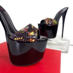 Fire Black Gloss Exotic Print Leather High Heel Mules 5 Fire Black Gloss Exotic Print Leather High Heel Mules -Tajna Shoes tajna club shoes high heel platforms extreme handmade to order 34