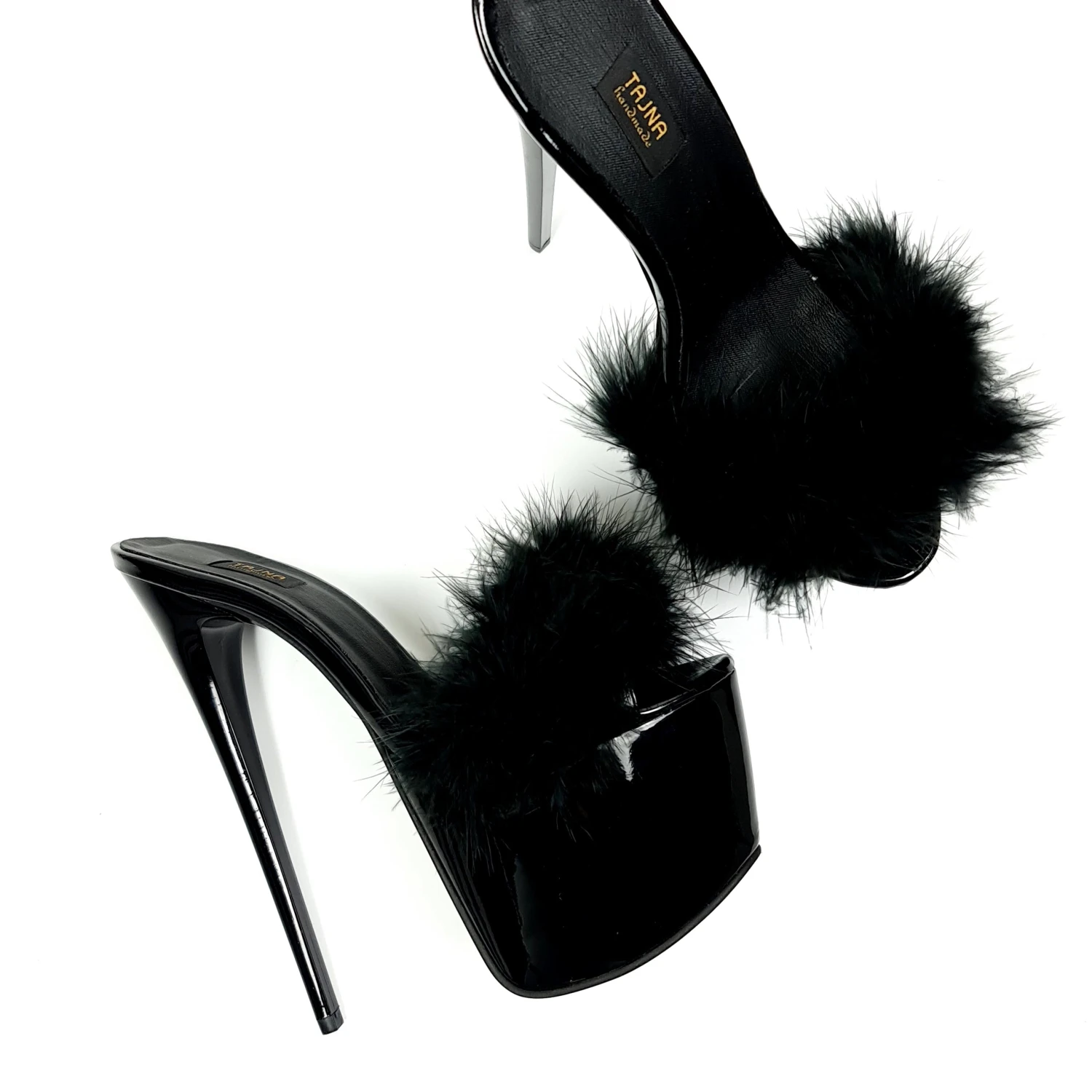 Black Gloss Furry High Heel Mules 2 Black Gloss Furry High Heel Mules - Image 2