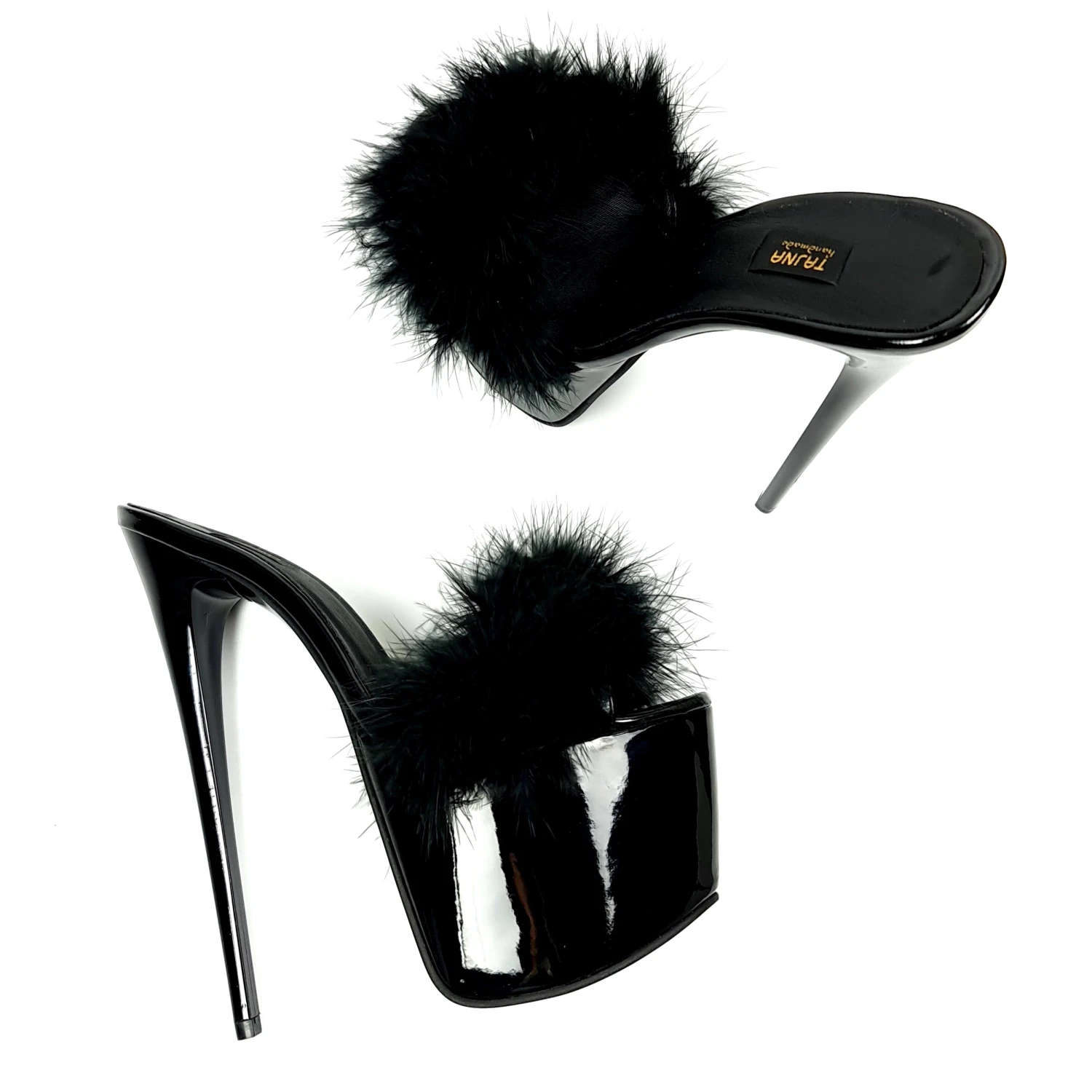 Black Gloss Furry High Heel Mules 1 Black Gloss Furry High Heel Mules