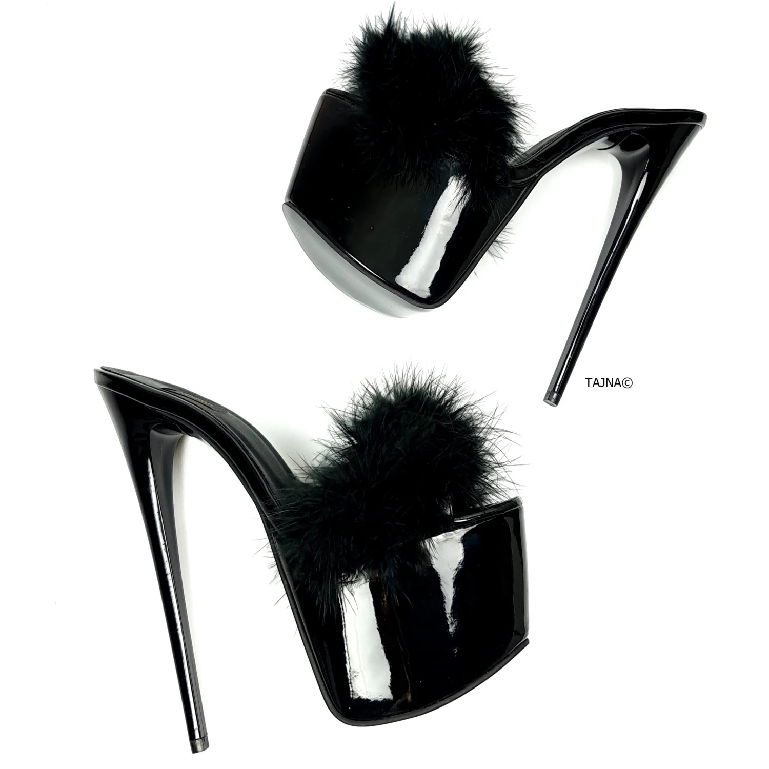 Black Gloss Furry High Heel Mules 3 Black Gloss Furry High Heel Mules - Image 3