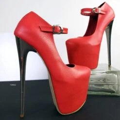 Soft Red Metallic Heel Modern Mary Jane Pumps -Tajna Shoes tajna club shoes high platform heels handmade to order 259
