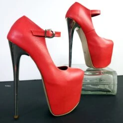 Soft Red Metallic Heel Modern Mary Jane Pumps -Tajna Shoes tajna club shoes high platform heels handmade to order 260