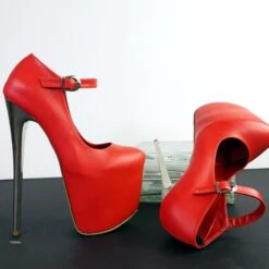 Soft Red Metallic Heel Modern Mary Jane Pumps -Tajna Shoes tajna club shoes high platform heels handmade to order 261