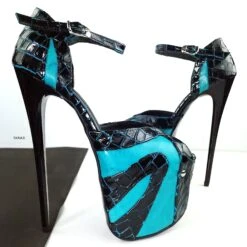 Genuine Leather Turqoise Black Croco High Heels -Tajna Shoes tajna club shoes high platform heels handmade to order 449