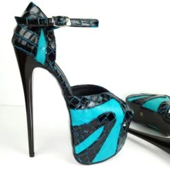 Genuine Leather Turqoise Black Croco High Heels -Tajna Shoes tajna club shoes high platform heels handmade to order 497