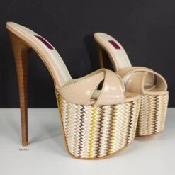 Beige Nude Gloss Ethnic Print High Heel Mules -Tajna Shoes tajna club stylish high heel nude beige heels 2