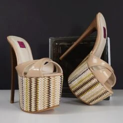 Beige Nude Gloss Ethnic Print High Heel Mules -Tajna Shoes tajna club stylish high heel nude beige heels 5