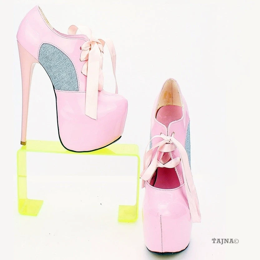 Light Pink Denim Lace Up Ankle High Heel Booties 2 Light Pink Denim Lace Up Ankle High Heel Booties - Image 2