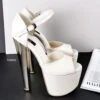 Cream Ankle Strap Chunky Metallic Heels