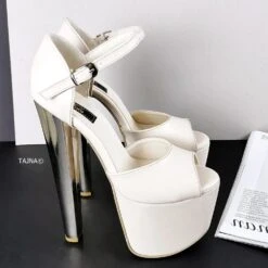 Cream Ankle Strap Chunky Metallic Heels