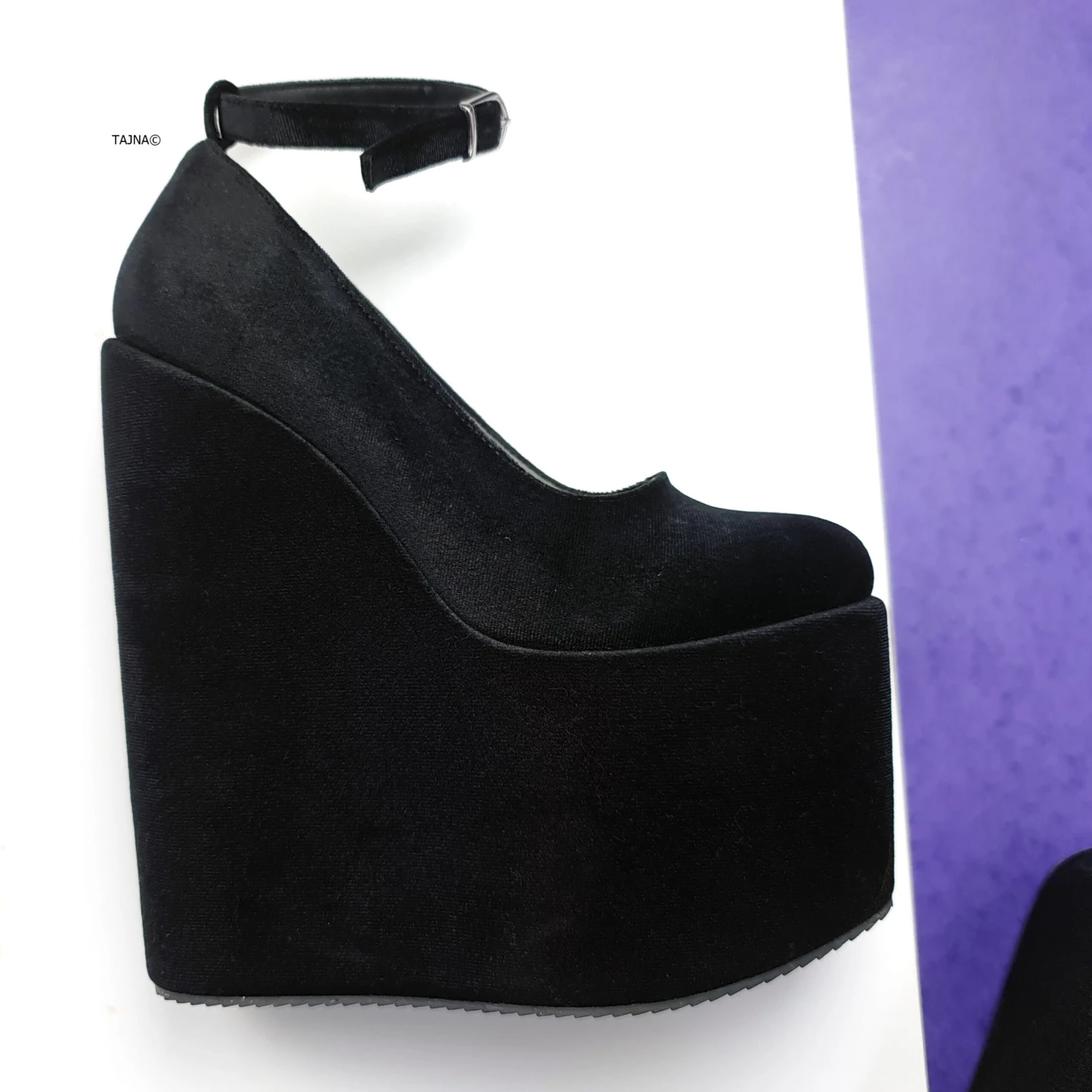 Black Velvet Ankle Strap Heel Wedges 2 Black Velvet Ankle Strap Heel Wedges - Image 2