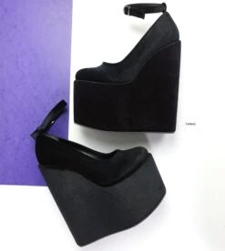 Black Velvet Ankle Strap Heel Wedges 7 Black Velvet Ankle Strap Heel Wedges -Tajna Shoes tajna club shoes halloween high heels 77