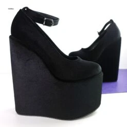 Black Velvet Ankle Strap Heel Wedges 8 Black Velvet Ankle Strap Heel Wedges -Tajna Shoes tajna club shoes halloween high heels 78