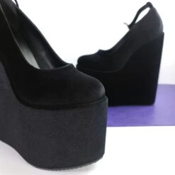 Black Velvet Ankle Strap Heel Wedges 9 Black Velvet Ankle Strap Heel Wedges -Tajna Shoes tajna club shoes halloween high heels 80