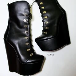 Lace Up Black Military Style Wedge Boots