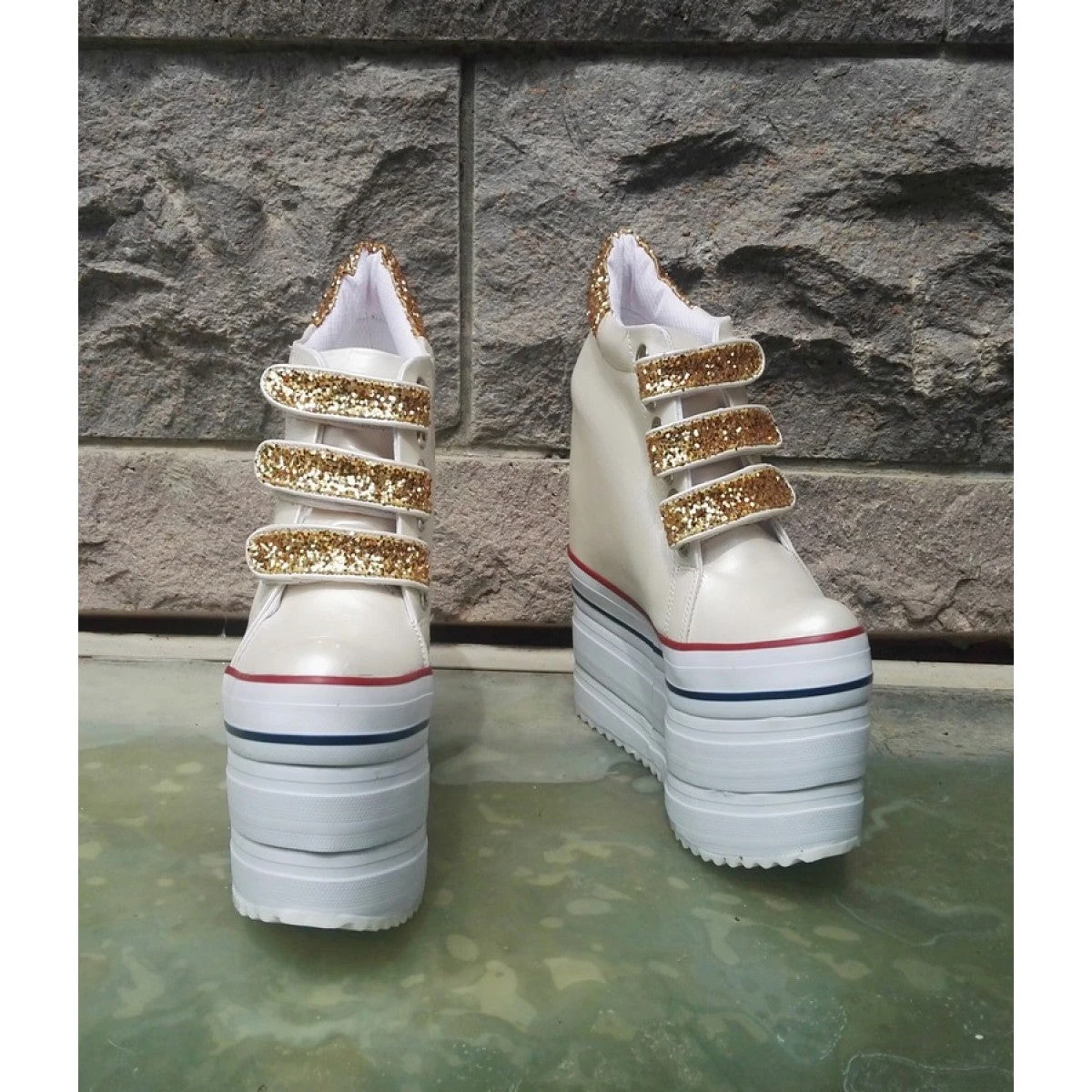 Ivory Hook Pile Sport High Heel Wedge Platform Shoes 3 Ivory Hook Pile Sport High Heel Wedge Platform Shoes - Image 3