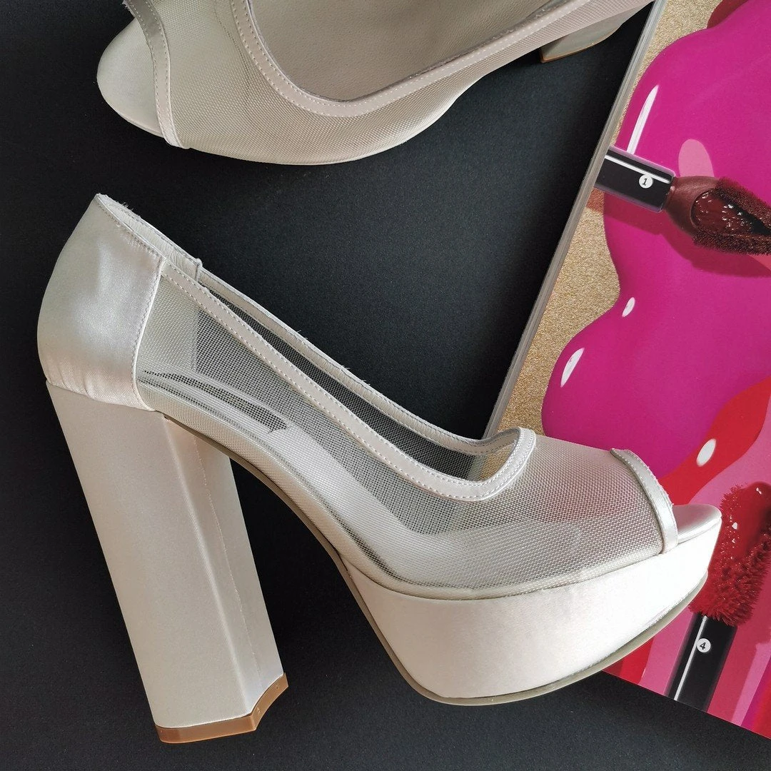 Transparent Satin Bridal Chunky Heels 1 Transparent Satin Bridal Chunky Heels