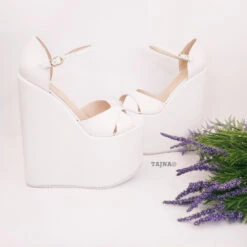 Ankle Cross Strap White Wedge Bridal Shoes -Tajna Shoes wedge high heel wedding shoes 2